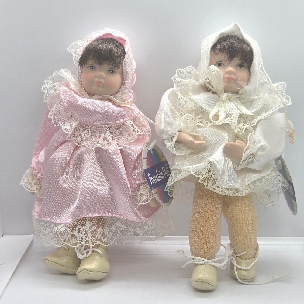 Vintage Porcelain Dolls Set Pink White Lace Bonnets Collectible 5.5 Inch